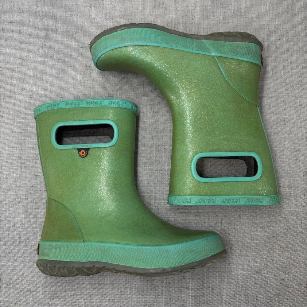 Bogs Skipper Glitter Green‎ Waterproof Rain Boots Pull On Outdoors Kids Size 13